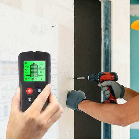 5-in-1 for stud Finder Wall Scanner Deep Scan AC Wire 5-in-1 in use to detect studs while drilling into drywall.