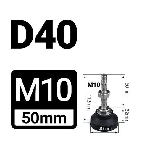 Straight Up Bulletproof Adjustable Leveling Feet 4 Pack Shop Ready Heavy Duty Carbon Steel Mounts With 40mm Swivel Base And M5 M12 Threads, showing M10 50mm adjustable height.