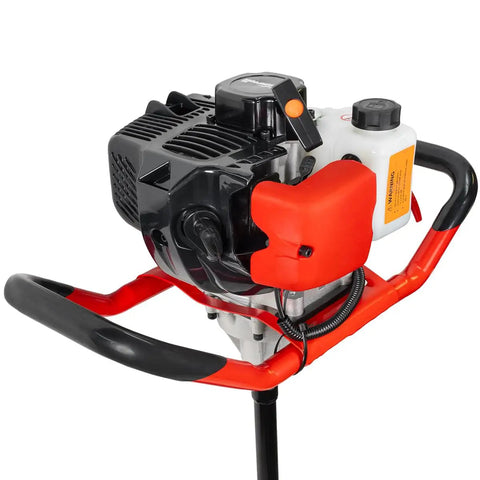Gas Powered Earth Auger With 6 Inch Digger Bit For Post Holes And Tree Planting, 2 Stroke Engine, heavy duty handle shown