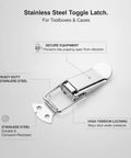 Heavy Duty Toggle Latch With Secure Grip Keeps Hinged Lids And Panels Locked Firm During Transport for toolboxes, made of stainless steel.