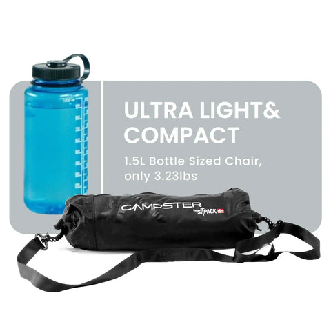 Ultra Lightweight Backpack Chair With 5 Second Folding, Grab And Go Packable Camp Chair beside water bottle for size comparison