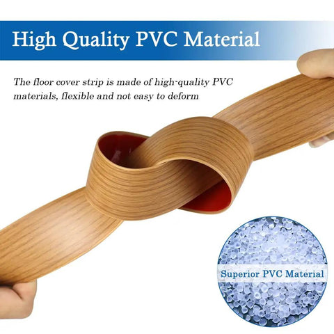 Hands demonstrating flexibility of Self Adhesive Floor Transition Strip For Laminate And Vinyl Flooring Wood Grain Look Easy Install 1.57 Inch Wide 10 Feet Long Light Brown Durable PVC Edge Divider To Bridge Floors Smoothly And Minimize Trip Hazards