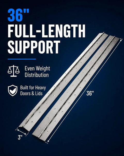 Heavy Duty Rock Solid Stainless Steel Continuous Piano Hinges 36 By 3 Inch Rust Proof Full Length Hardware for even weight distribution.