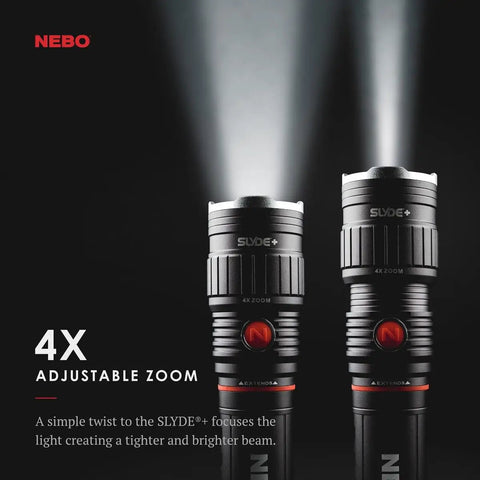 SLYDE Plus 2Nd Gen 400 Lumen Flashlight With 7 Modes, showcasing 4X adjustable zoom feature with bright beam