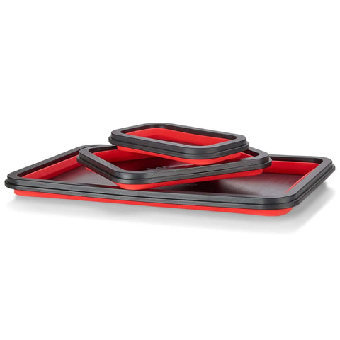 Three Size Collapsible Magnetic Parts Tray Set For Screws Bolts Nuts Washers Pins And Small Metal Parts, red, stacked view