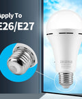 Emergency Rechargeable LED Light Bulb With Hook For Home And Travel Stays Lit During Outages, shown for E26/E27 sockets