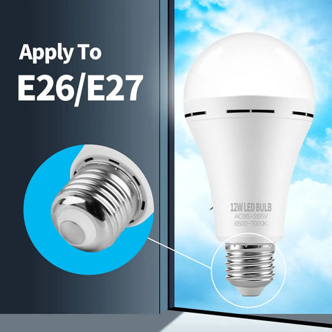 Emergency Rechargeable LED Light Bulb With Hook For Home And Travel Stays Lit During Outages, shown for E26/E27 sockets