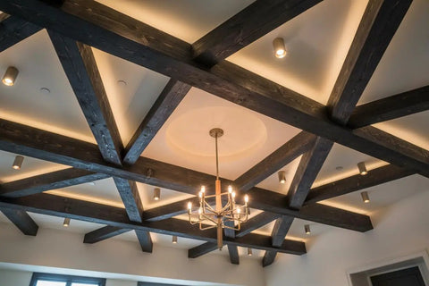 Real Deal Charcoal Reactive Water Based Interior Wood Stain Offering Smoky Weathered Undertones A Totally Voc Free Mix For Modern Rustic Industrial Builds Give Your Next Project Some Serious Kick Bulk Size Ready used on ceiling beams with modern lighting.