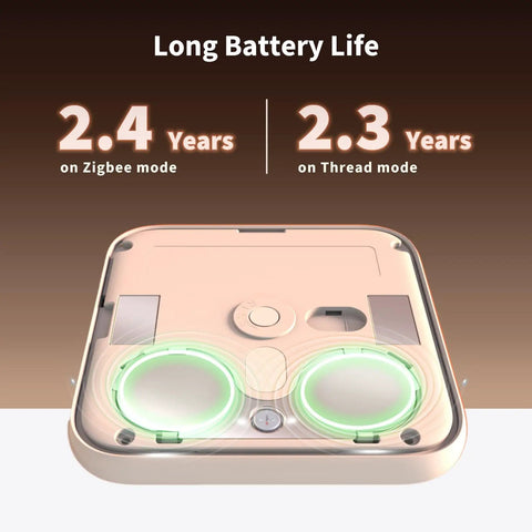 Battery compartment of Thread And Zigbee Smart Climate Sensor W100 showing longevity in Zigbee and Thread modes.