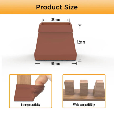 Product size dimensions of 16 Piece Silicone Chair Leg Protectors with Felt Square Floor Pads showing elastic fit on chair legs.