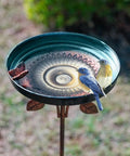 38 Inch Vintage Bird Bath With Five Prong Stake For Outdoor Gardens, metal with butterfly edge, two birds perched on rim