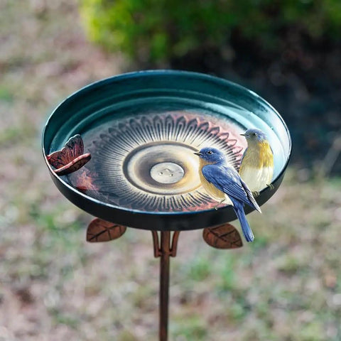 38 Inch Vintage Bird Bath With Five Prong Stake For Outdoor Gardens, metal with butterfly edge, two birds perched on rim