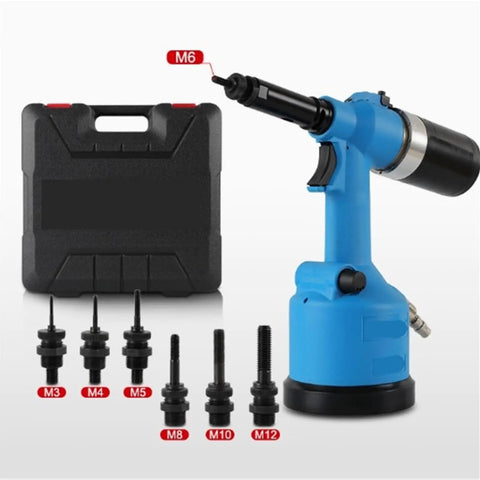 Heavy Duty Pneumatic Nail Gun And Air Riveter Featuring One Key Automatic Tensioning For Knockout Riveting Speed Built Like A Tank For Real Deal Job Site Hustle with attachments in a carrying case.