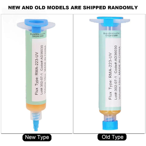 Two Pack Pro Grade Solder Flux Soldering Paste For PCB BGA Repair With Tinning Syringe Tool showing new and old models