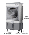 Do Not Sweat The Heat With This Hella Efficient Portable Evaporative Swamp Cooler Offering 120 Degree Oscillation, 3 Fan Speeds, And Six Cooling Ice Packs For Serious Comfort Indoors Or Outdoors, front view with dimensions.