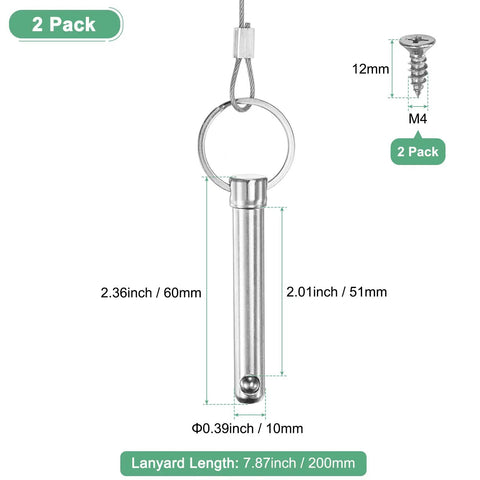 Two pack of Four Pack Quick Release Pins 10mm Diameter 51mm Length 60mm With Lanyard Screw for multi-purpose use, detailed dimensions shown.