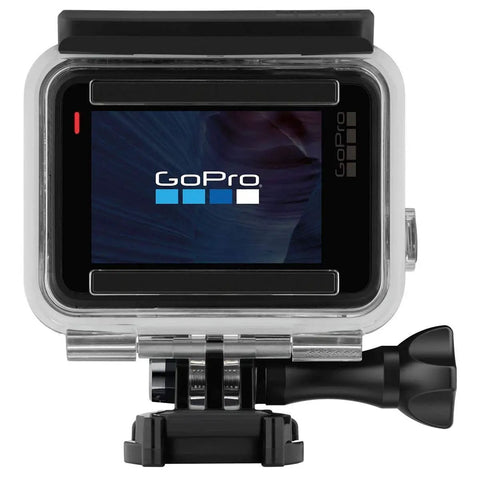Super Suit Dive Housing For HERO7 HERO6 HERO5 Clear One Size With Two Waterproof Backdoors front view with GoPro visible