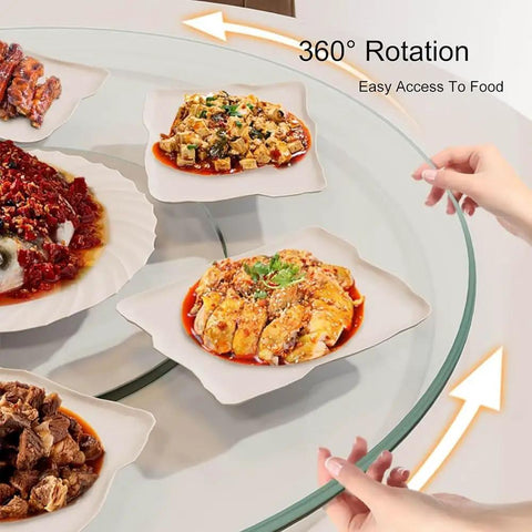 Big Glass Lazy Susan Rotating Turntable For Dining Table Display, with 360° rotation for easy access to dishes.