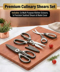 All Purpose Heavy Duty Stainless Steel Scissors 3 Pack Multipurpose Cooking Shears For Meat Fish Poultry Veggies Food Prep Ergonomic Non Slip Handle Dishwasher Safe Black set on cutting board