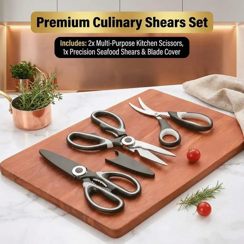 All Purpose Heavy Duty Stainless Steel Scissors 3 Pack Multipurpose Cooking Shears For Meat Fish Poultry Veggies Food Prep Ergonomic Non Slip Handle Dishwasher Safe Black set on cutting board