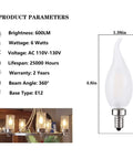 Frosted LED Flame Tip Candelabra Bulbs 60W Equivalent Dimmable 6W Soft White 3000K E12 Base 6 Pack For Chandeliers specs