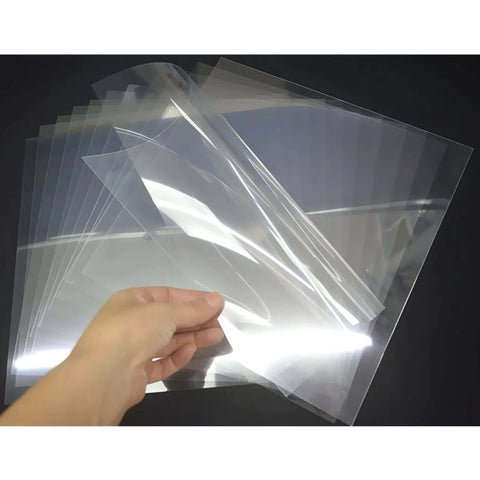 Front view of ZHluja 10-pack 12x12 clear stencil sheets, 10 mil PET/Mylar, held in hand