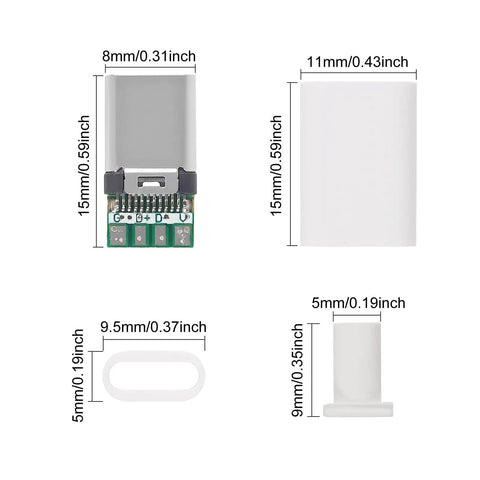 Dimensions of USB 3.1 Type C 24-Pin Male Plug Socket Receptacle For Soldering Wires And Cables, white plastic and metal
