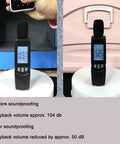 Sick Sound Control With High Density Acoustic Foam Panels Fabric Wrapped For Total Room Makeover Gray Polyester Wall Tiles Pack Of 30 showing sound meter before and after soundproofing.