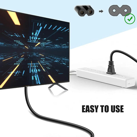 2 Prong 5Ft Power Cord For PlayStation And Xbox Consoles, Gamer Ready Replacement Cable, Compatible With PS5 PS4 PS4 Slim PS3 Slim Super Slim, Xbox Series S X, Xbox One S X, 18 AWG Figure 8 IEC320 C7; black power cord plugged into TV and power strip
