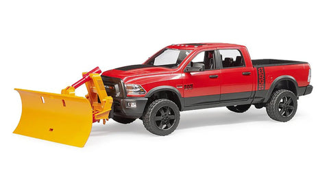 Red Ram 2500 Power Pickup Toy With Openable Doors And Tailgate, featuring a front snow plow, 1:16 scale model with rugged ABS material.