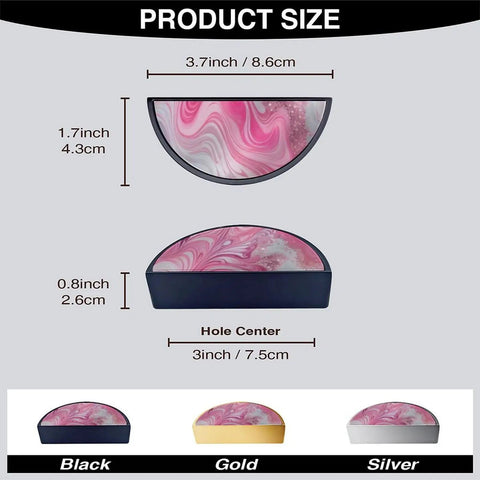 Dope Pink White Glitter Fluid Art Cabinet Pulls 3 Inch Black Semicircle Handles, product size details with color options.