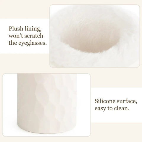 Close-up of ivory plush-lined eyeglasses holder interior and silicone surface, part of the Plush Lined Eyeglasses Holder And Glasses Stand For Desk Or Nightstand Slick Easy Access Anti Scratch Protective Case Tabletop Storage Organizer In Ivory One Size For Office Use.