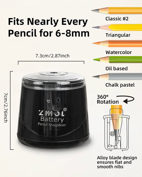 Portable Battery Powered Electric Pencil Sharpener 6 To 8mm For School And Home Use On The Go Black With Three Blades Two Spare Blades Included AA Battery Operated No USB Charging Required, black battery pencil sharpener for 6-8mm pencils