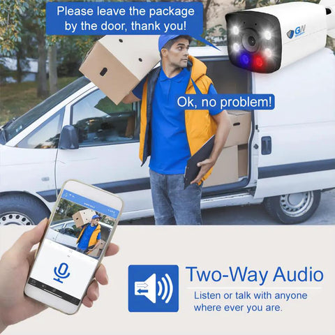 Image shows a man using No Brainer 16 Channel 12MP NVR Security System With 4K Full Time Color Night Vision Cameras and two-way audio.