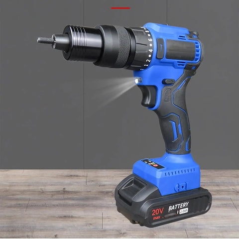 Pro Workhorse Cordless Rivet Nut Gun With Brushless Motor And Massive 4000 Mah Battery in blue color with a black chuck.