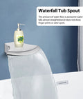 Slick Polished Chrome Tub And Shower Faucet Set With Waterfall Tub Spout In Use, Water Flowing Into White Bathtub