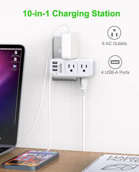 Two Pack 2 Prong Outlet Extender Rotating Plug With Surge Protector 1700J, Converts Two Prongs To Three Prongs, Six Outlets And Four USB Ports