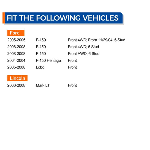 Compatibility chart for Front Wheel Hub Bearing Assembly for Ford F-150 and Lincoln Mark LT 6 lug ABS models.