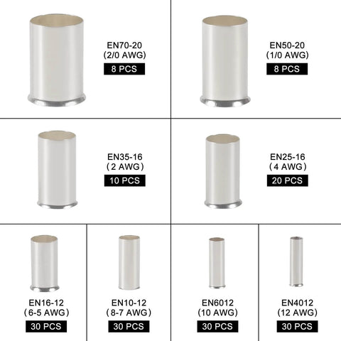 Ultimate Wire Ferrule Kit For Home, Auto, And Electronics, Silver Plated Copper Crimp Terminals, Eight AWG Sizes Display