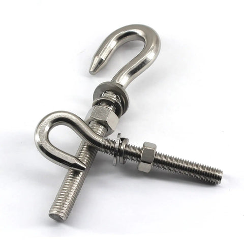 12 Piece M6 Stainless Steel Eye Bolts Kit With Nuts And Washers, Long Shank Threaded Rod Round Hook Eyelets For Indoor And Outdoor Use, Rust Resistant Fasteners Built To Last For Heavy Duty Jobs, two stainless eye bolts with nuts and washers