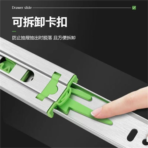 Beefed Up Drawer Slide Rail Kit With Damping And Hydraulic Three Section Wardrobe Cabinet Door Track Two Pieces shown with green cushion