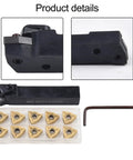Heavy Duty Lathe Turning Tool With New Bracket For Precision Turning Includes 10 Carbide Inserts WNMG432 And WNMG080408 close-up view with inserts.