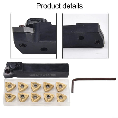 Heavy Duty Lathe Turning Tool With New Bracket For Precision Turning Includes 10 Carbide Inserts WNMG432 And WNMG080408 close-up view with inserts.