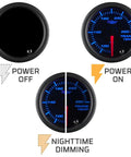 Tinted 7 Color Transmission Temperature Gauge Kit 260F for Rigs and SUVs, 2-1/16 Inch 52mm Dial Monitors Transmission Fluid Temperature from 80 to 260 Degrees Fahrenheit with Easy Install, Durable Backlit LED Display, Ideal Performance Upgrade. black 52mm gauge power off and illuminated blue dial with red needle