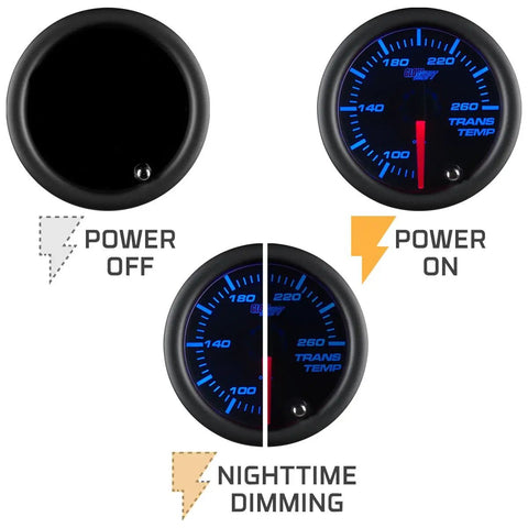 Tinted 7 Color Transmission Temperature Gauge Kit 260F for Rigs and SUVs, 2-1/16 Inch 52mm Dial Monitors Transmission Fluid Temperature from 80 to 260 Degrees Fahrenheit with Easy Install, Durable Backlit LED Display, Ideal Performance Upgrade. black 52mm gauge power off and illuminated blue dial with red needle
