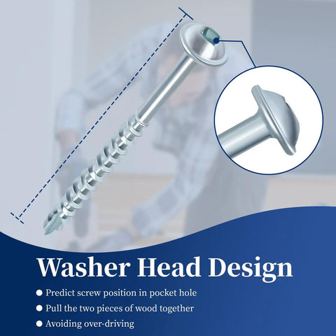 Close-up view of Pocket Hole Screws Two And A Half Inch No. 8 Washer Head Square Drive Coarse Thread Zinc Plated Wood Screws