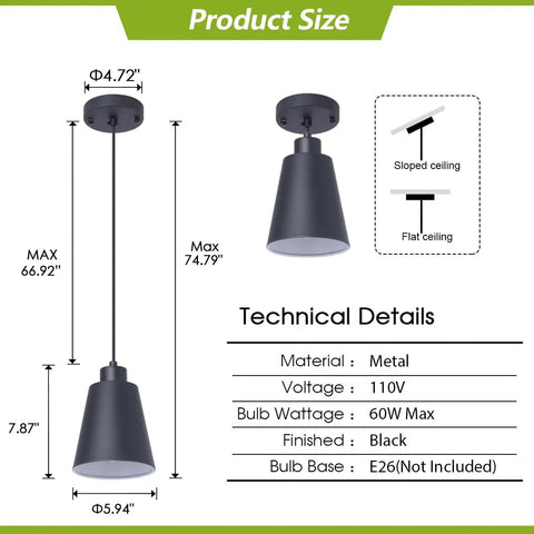Black Pendant Light For Kitchen Island With Adjustable Cord And 5.94 Inch Metal Shade product size details