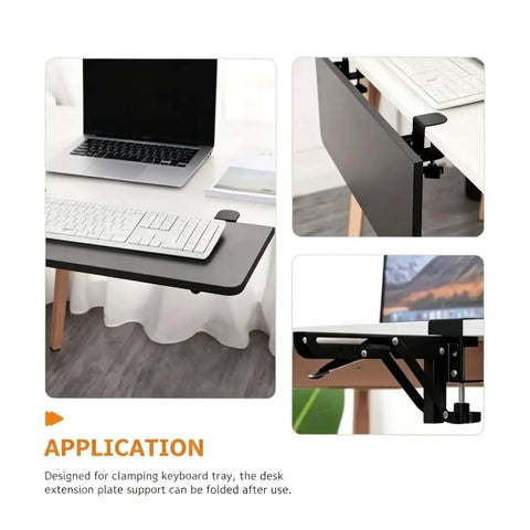Heavy Duty Foldable Shelf Brackets For Desk Extension Clamps Punch Free Tabletop Mount Black Steel, supporting a keyboard tray.