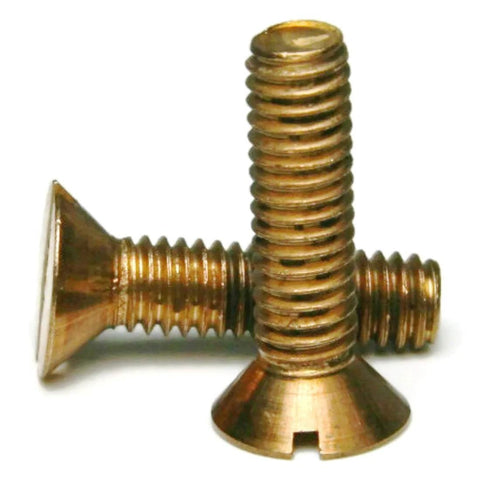 Front view of Slotted Flat Head Machine Screws In Silicon Bronze Quarter Inch Diameter Twenty Threads Per Inch Twenty Five Pack Built Tough