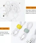 Before and after showing tangled cables organized with Multi Pack Cable Clips For Travel, Desk, And Home. Mixed colors, strong grip.